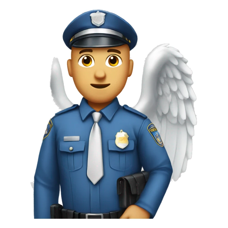 A WHITE Police man bald with blue uniform and cap with Big ANGEL WINGS sticker