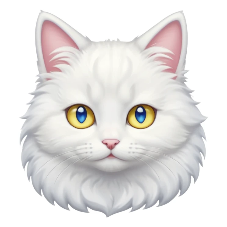 Make me a cute white fluffy cat anime style with one blue eye and one yellow eye, make the eyes big kawaii style sticker