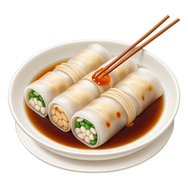 Guangzhou rice noodle roll Cheung Fun with soy sauce, simplified emoji style with bold outlines and bright colors, cartoon style dim sum specialty sticker