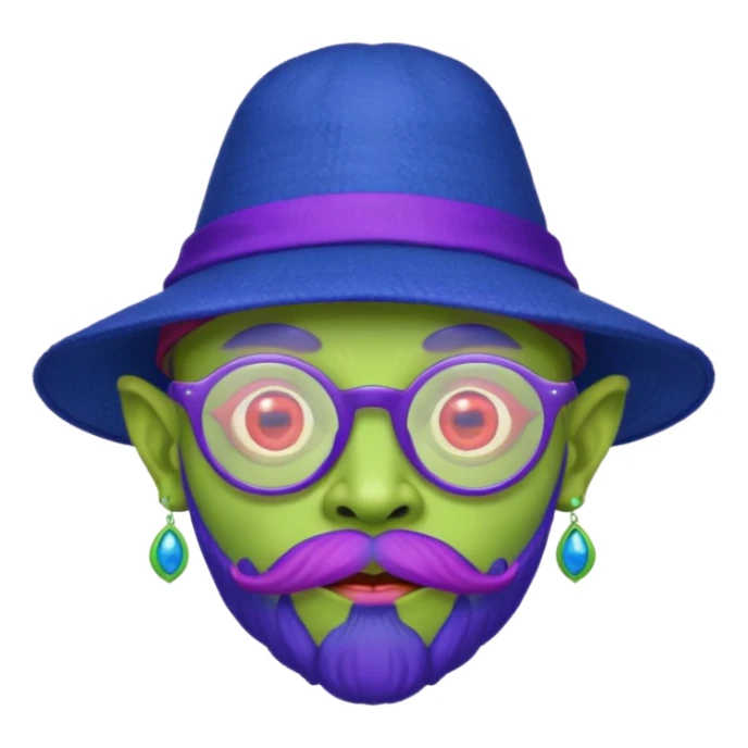 green alien with red glasses and blue hat and purple beard and earrings sticker