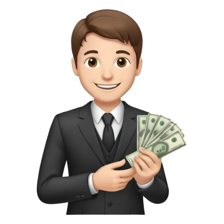 white male in a suit with money in his hand, smiling expression, happy face, brown hair sticker