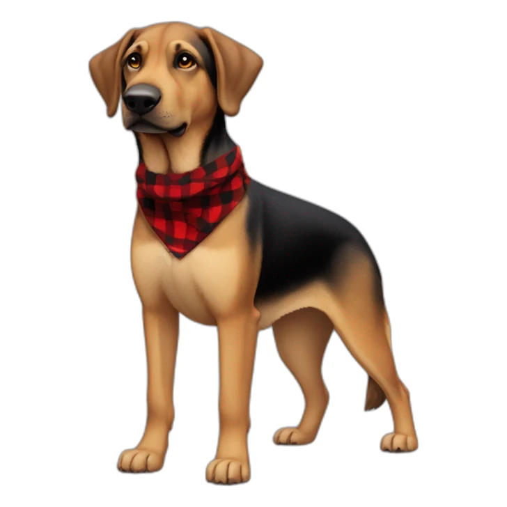 adult 75% Coonhound 25% German Shepherd mix dog with visible tail wearing small pointed red buffalo plaid bandana full body side view sticker