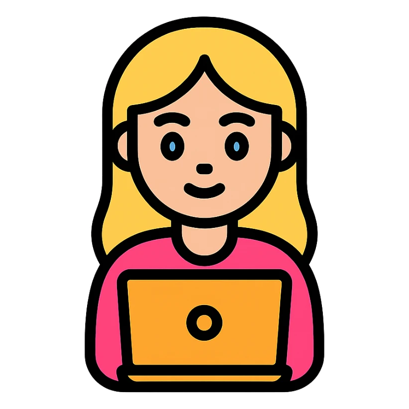 Blonde girl with blue eyes working on a laptop sticker