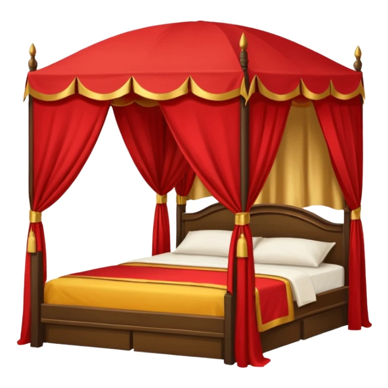 bed with red and gold sheets, wooden, canopy, simple, dark, no-tent sticker