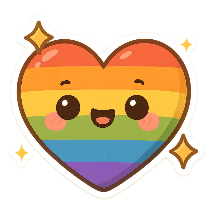 gay pride rainbow heart with cute face and sparkles, chibi style sticker