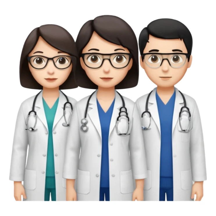 Create four doctors grouped together. Place a female doctor with dark brown short bob hair prominently in the front. Behind her, include:

a doctor with white hair wearing glasses,

a young male doctor with black hair and no glasses,

and a female doctor with black short bob hair wearing glasses. sticker