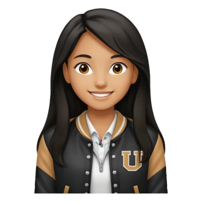 walk black long hair girl at university without backpack with varsity jacket sticker