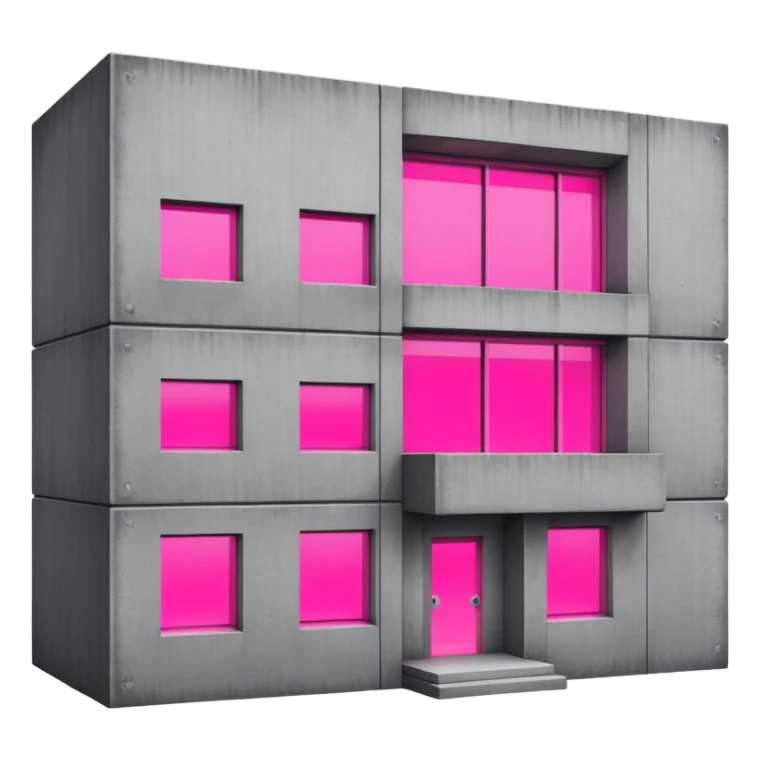 Brutalist gray concrete block building with one neon pink window sticker