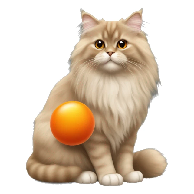 British longhair cat fawn color playing with an orange ball sticker