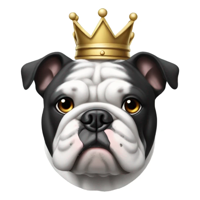 Black and white bulldog wearing a crown sticker
