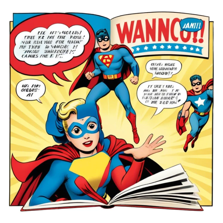 Icon for Vintage American Comics: an open comic magazine with classic 1940s-1950s American comic art, featuring superheroes in bold, bright colors, with action panels and exaggerated speech bubbles. The icon should represent the nostalgic style of vintage comics. Transparent background. sticker