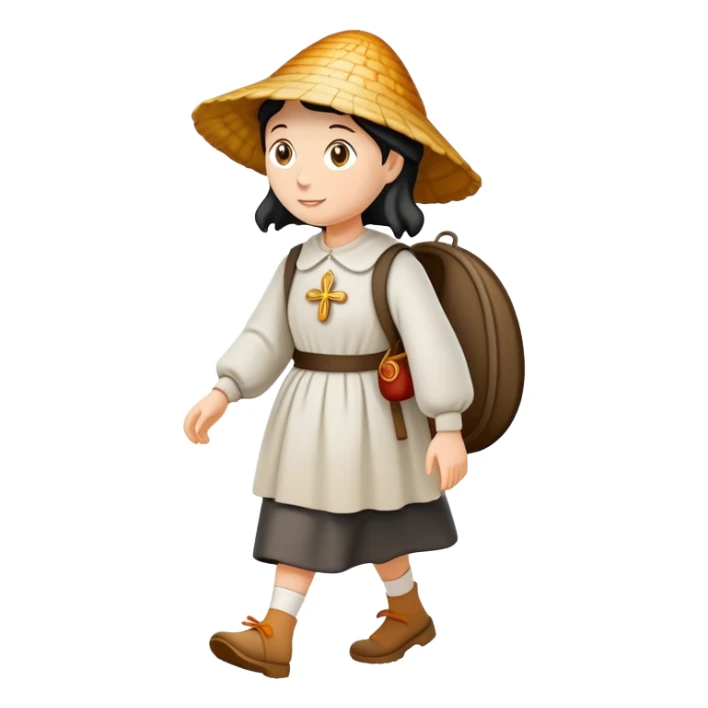 pilgrim woman walking with the Camino de Santiago shell behind her sticker