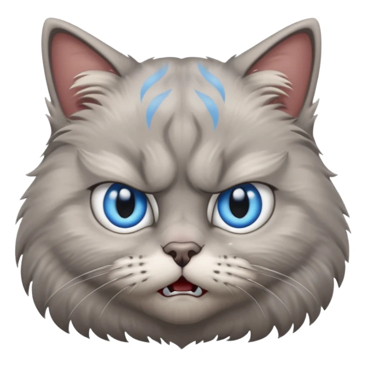 angry grey cat blue small slanted eyes. iphone real emoji style, made the cat look challenging sticker