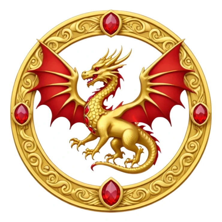 Golden Dragon with wings crest/brosch in a circle with red gems sticker