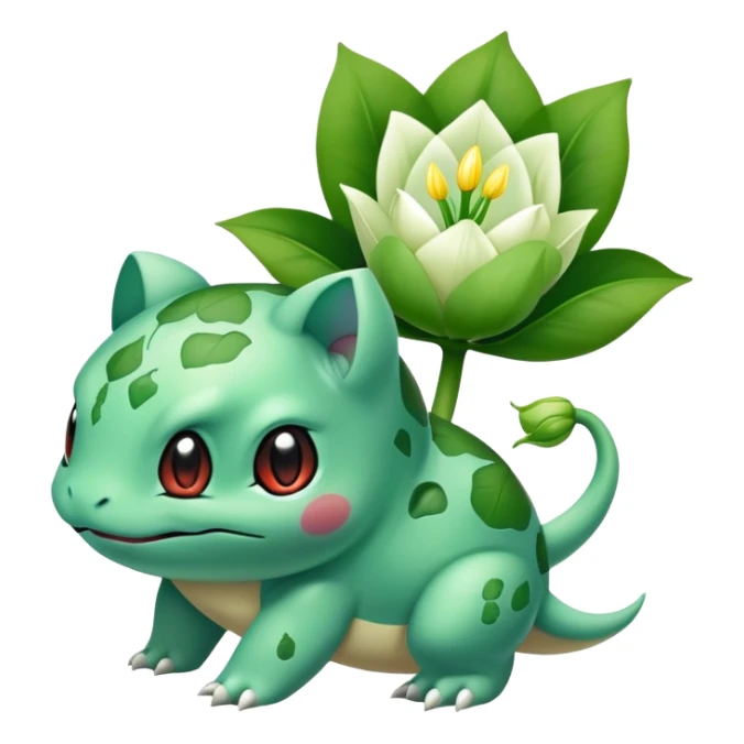 Bulbasaur with a small green unopened plant bulb with layered petals esembling a Lily bud on back sticker