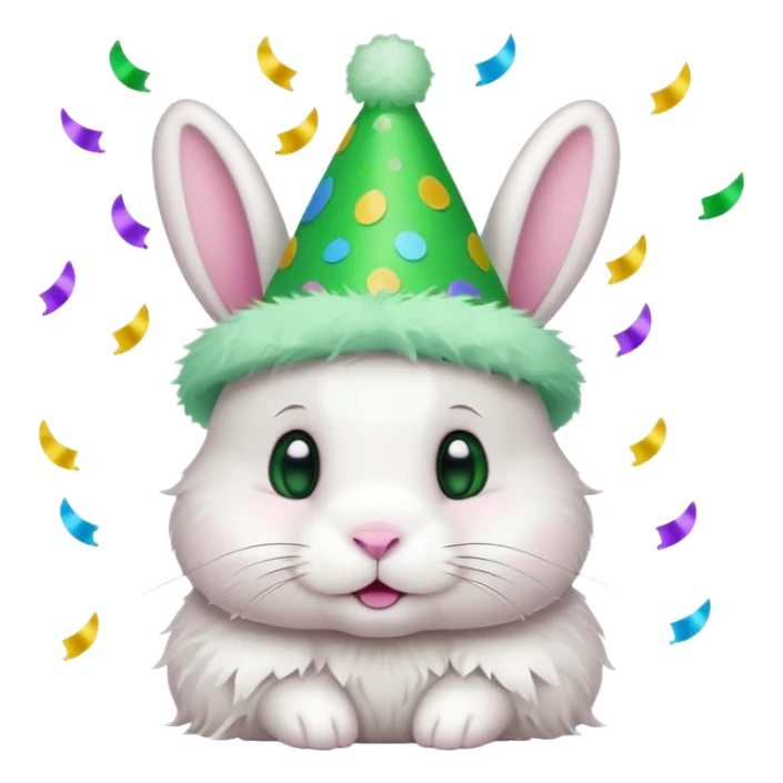 Rabbit in Green Party Hat – white bunny with cone party hat and confetti. sticker