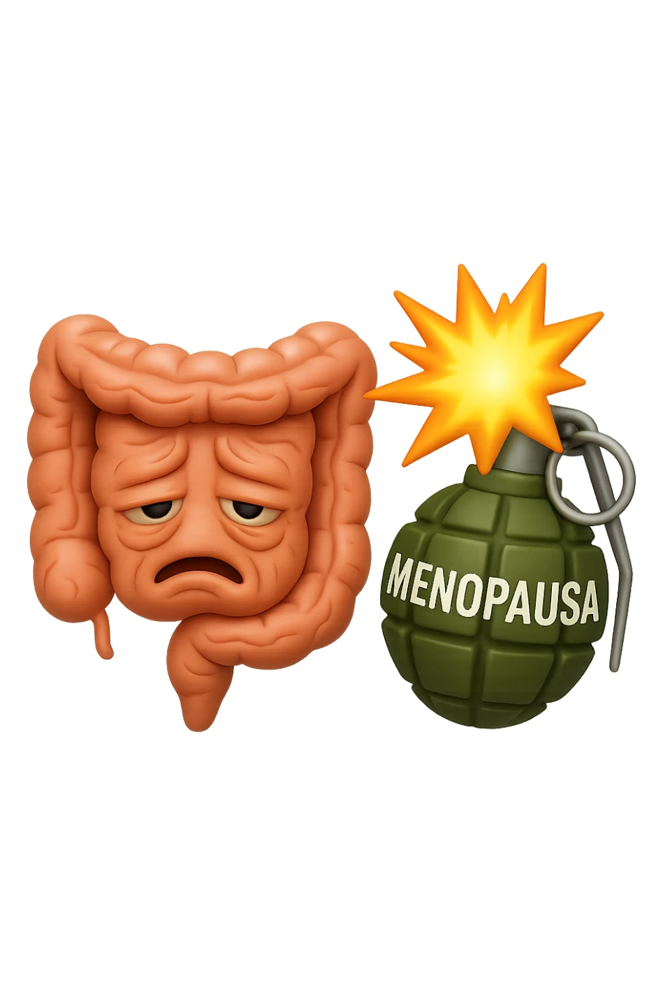 EMOJI STILE IPHONE 3D DI INTESTINO ANZIANO CON RUGHE SFINITO CON ESPRESSIONE STANCA, ACCANTO A LUI SCOPPIA UNA GRANATA 3D CON LA SCRITTA "MENOPAUSA" SOPRA sticker