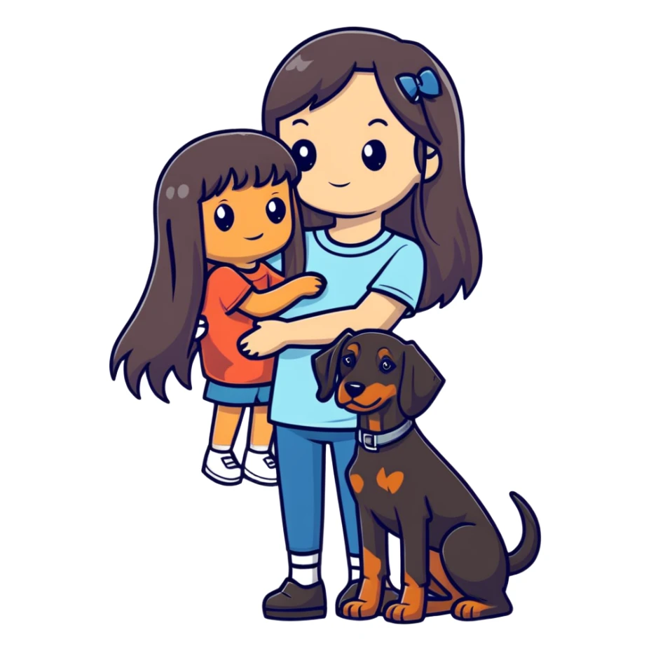 Black long-haired girl holding Doberman sticker