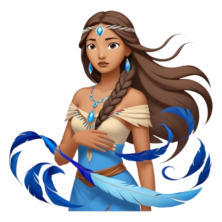 Cinematic Elegant Pocahontas Portrait Emoji, Standing serenely with a blue wind swirl around her, soft feathers in her hair, a tranquil yet powerful gaze, beauty beyond time, an ethereal aura of connection with nature, regal and enchanting! sticker