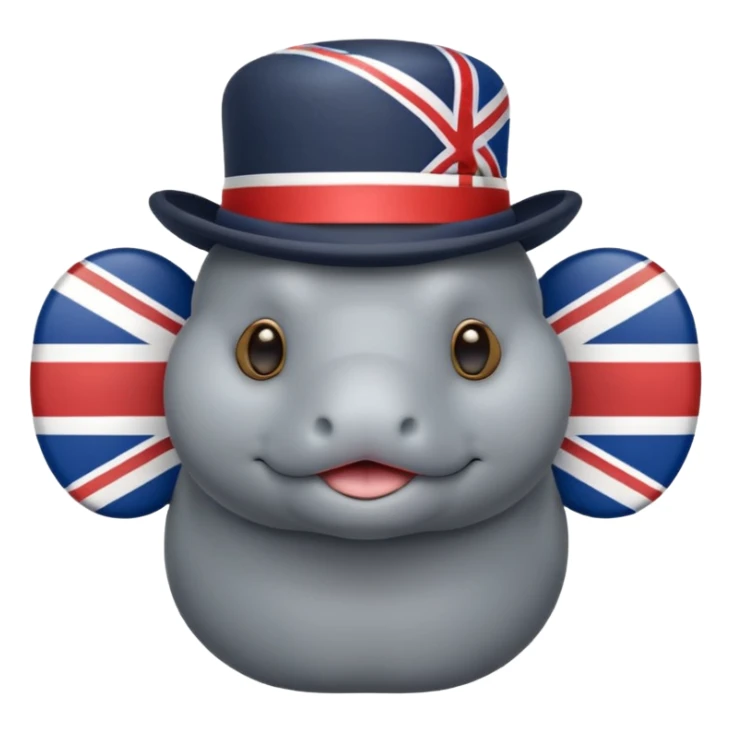 British manatee with bowler hat and monocle, Union Jack flag, emoji style sticker