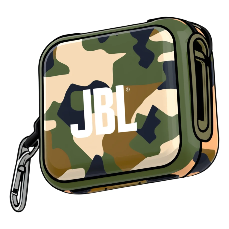 JBL Go Clip 4 portable speaker with camouflage colors and carabiner clip sticker