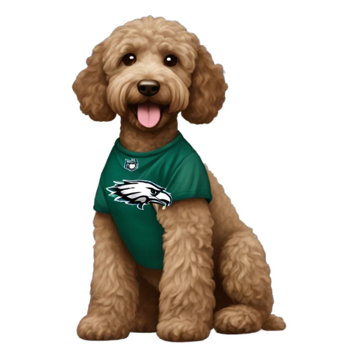  brown Labradoodle wearing a Philadelphia eagles shirt and a heart  sticker