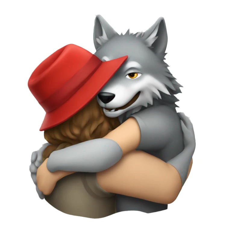 A wolf hugging a woman with a red hat sticker