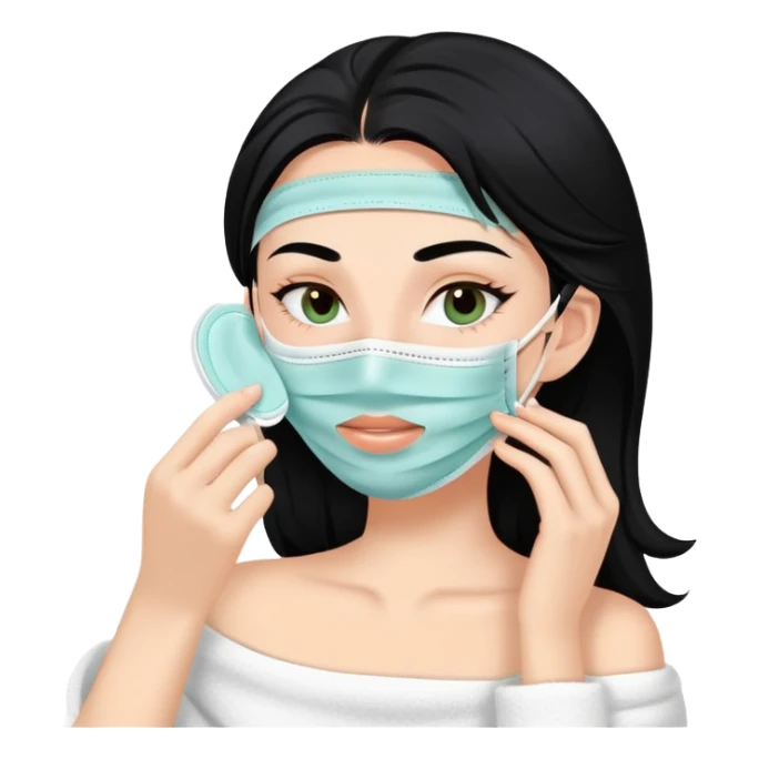 white girl with black hair doing self care, face mask, relaxing sticker