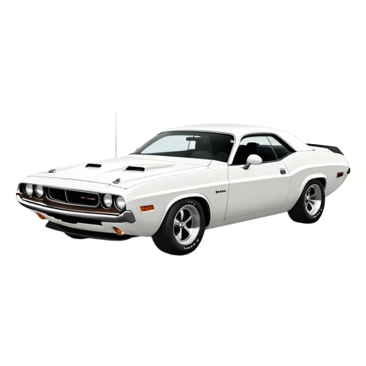 Pure white 1971 Dodge Challenger muscle car, completely white paint, no stripes, side angle view, minimalist Apple iOS emoji style, classic car from Death Proof movie sticker