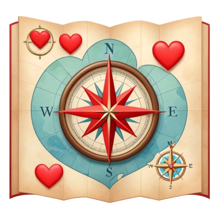 Folded cartography map with compass rose and scale, featuring red hearts as relationship markers and different symbols representing other meaningful life experiences, soft ethereal coloring sticker