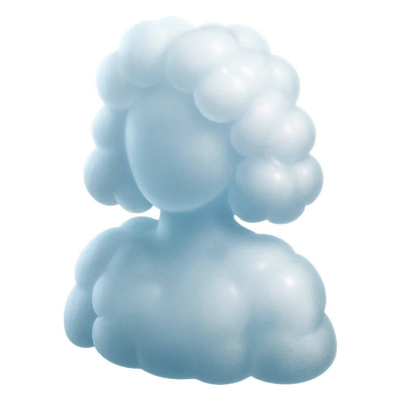 person made entirely of white fluffy convex clouds, shoulder length, front view, matte glass style sticker