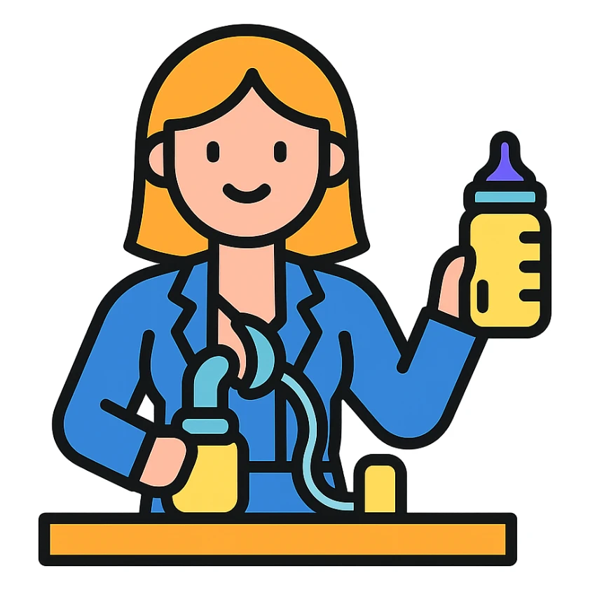 working mum pumping milk, smiling, holding a baby bottle sticker