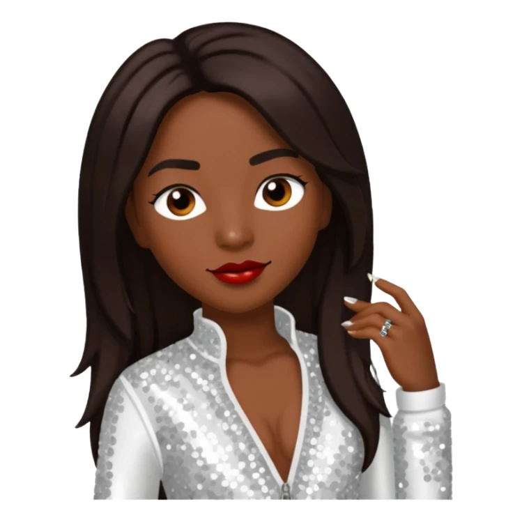 Chilli from TLC with dark skin, long dark brown hair, white sequin outfit sticker