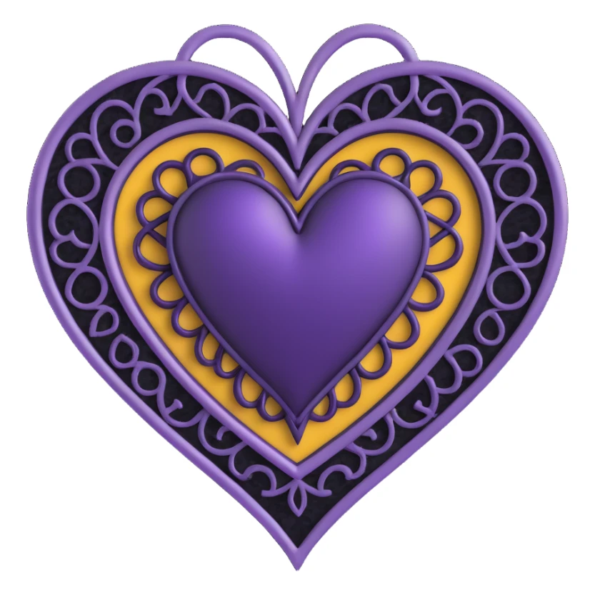 gothic heart, deep purple satin texture, silver filigree, black lace trim, moody and elegant style, faint purple glow sticker