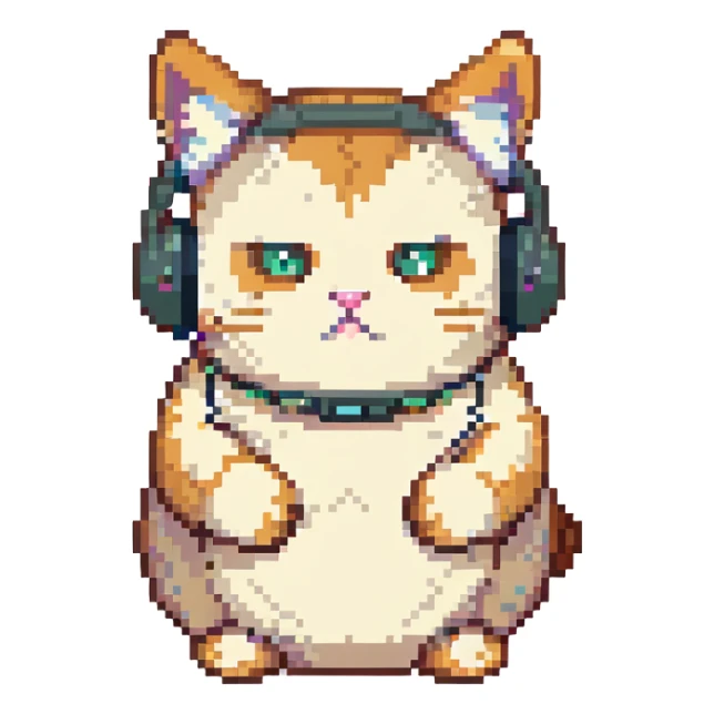 a chubby cat with headphones over its ears, pixel art style sticker