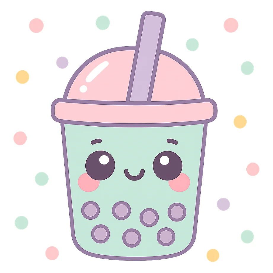 kawaii style boba tea, adorable face on the cup, pastel background, blushing cheeks, playful and cute sticker