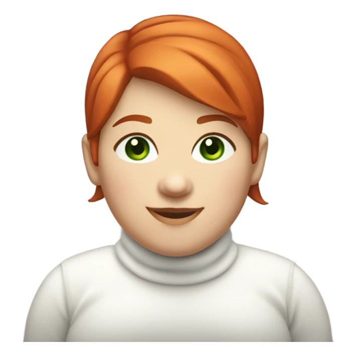 smiling red short haired chubby female with green eyes dressed in white turtleneck sticker
