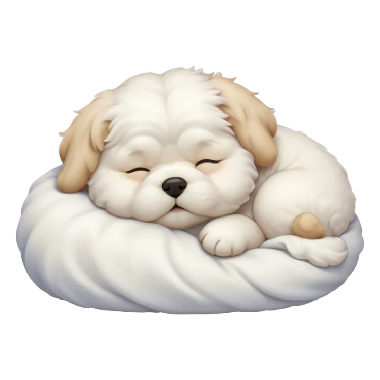 Cinematic Chubby Sleeping Wavy-Haired Maltese dog Portrait Emoji, Chubby and serene, with a round, adorable build and a soft, wavy-haired white coat, eyes gently closed in peaceful slumber, Simplified yet irresistibly endearing features, highly detailed, glowing with a gentle, dreamy glow, high shine, relaxed and content, stylized with a touch of whimsy, bright and heartwarming, soft glowing outline, capturing the essence of a blissfully sleepy companion, so comically serene it feels like it could roll out of the screen and snore with adorable charm! sticker