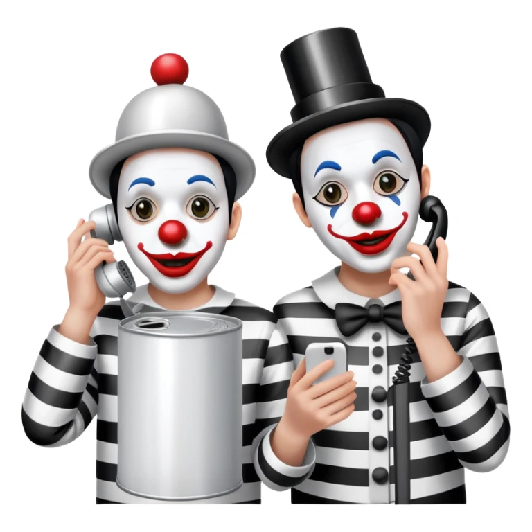 two mime clowns using tin can telephone sticker