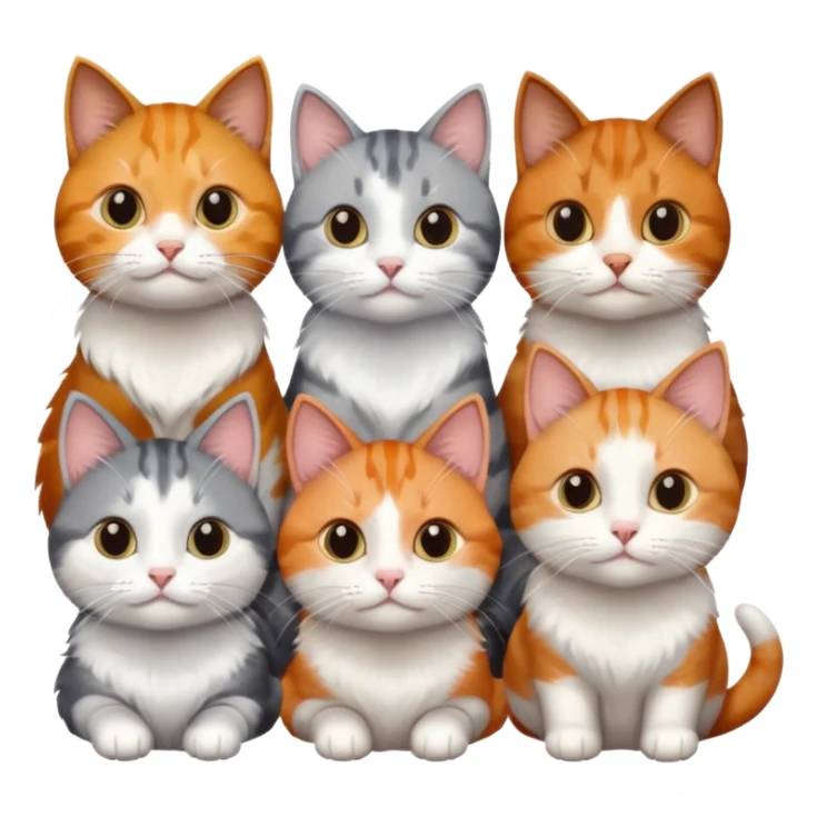 6 cats with different coloured coats, 2 are grey and white, 1 is grey with a little white, 1 calico, 1 brown tabby and white and one ginger and white sticker
