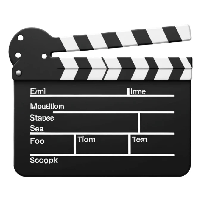 Ultra minimal black and white film clapperboard with simple stripes, clean iOS emoji style, reduced to basic geometric shapes sticker