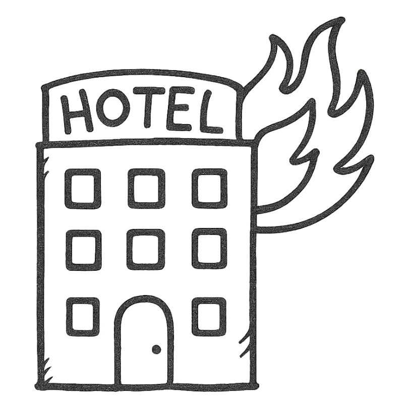 fire hotel, hand drawn outlined icon style, sketchy and playful sticker