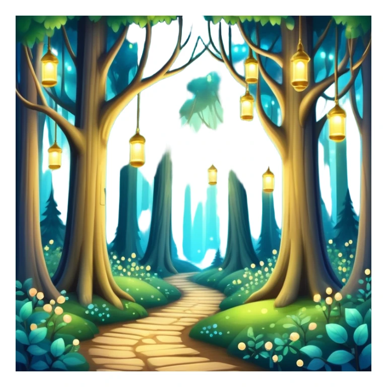 enchanted forest with tall trees and sparkling lights in a whimsical atmosphere sticker