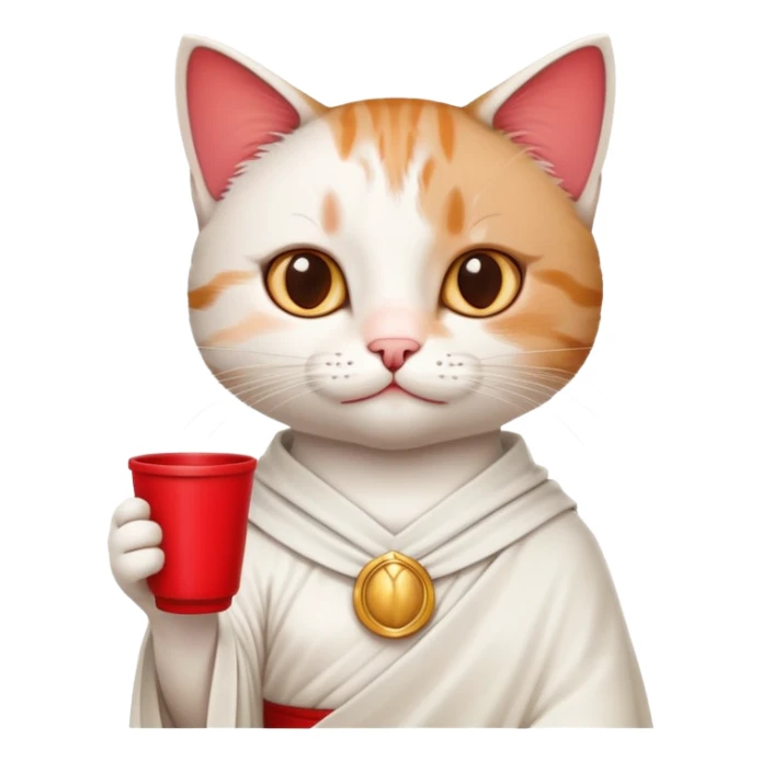 cat wearing a toga, holding a drink, classic college party look sticker