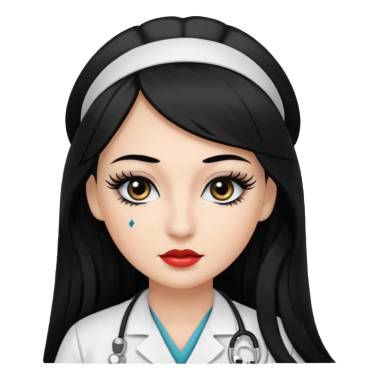 Nurse, long hair,black hair, black eyes, false eyelashes, makeup, eyeliner,  sticker