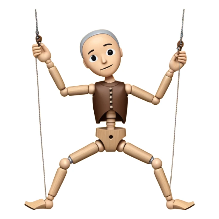 3D render of Broken Puppet as a wooden marionette puppet, Strings cut, slumped over, silver metal screw joints at elbows and knees, polished brown wood texture, rigid toy pose, emoji style, isolated on white background --v 6.0. sticker