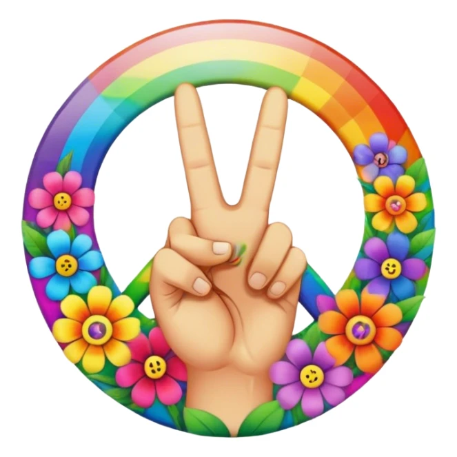 A round psychedelic colored button with a hand making the peace sign in the center surrounded by rainbow colored hippie style flowers sticker