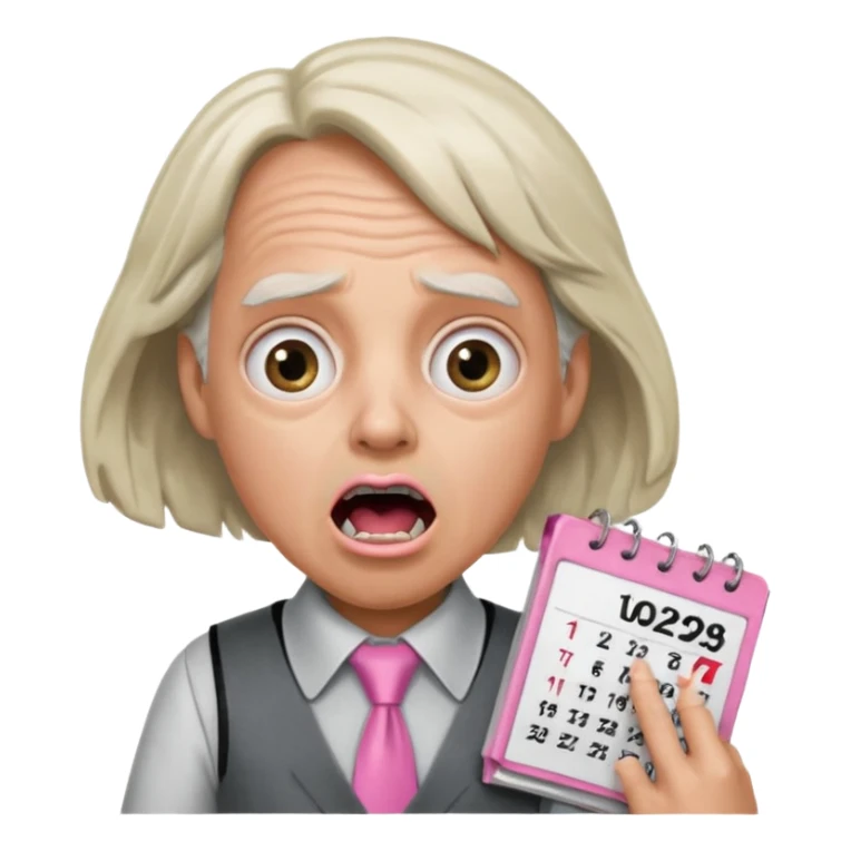 Doc Brown, in Back to the Future, looking shocked, mouth wide open, with a shocked expression. Without glasses. Wearing a silver dress with black trim, a pink collared shirt and a white tie, holding a calendar. sticker