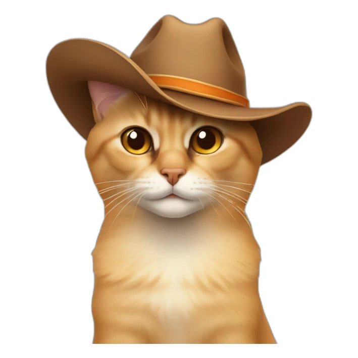 orange, smirking, balinese cat while wearing a brown cowboy hat sticker