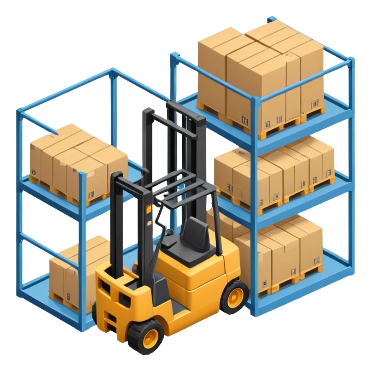 Isometric warehouse with forklift and storage racks inside, large cargo door sticker